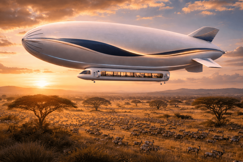 AV-10 airship over Serengeti great migration for tourism